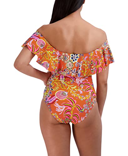 BCBGMAXAZRIA Women's Standard One Piece Swimsuit Off The Shoulder Tummy Control Quick Dry Bathing Suit, Dream Orange