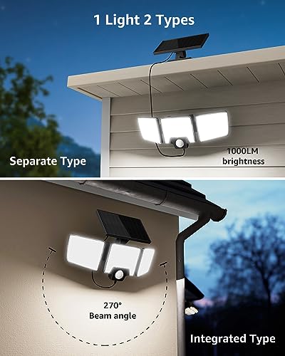 Lepro Solar Security Lights Outdoor Motion Sensor, 2 in 1 Separated and Integrated Remote Control IP65 Waterproof Solar Lights with 2 Light Modes, 3 Heads Solar Floodlight for Garden Yard Garage
