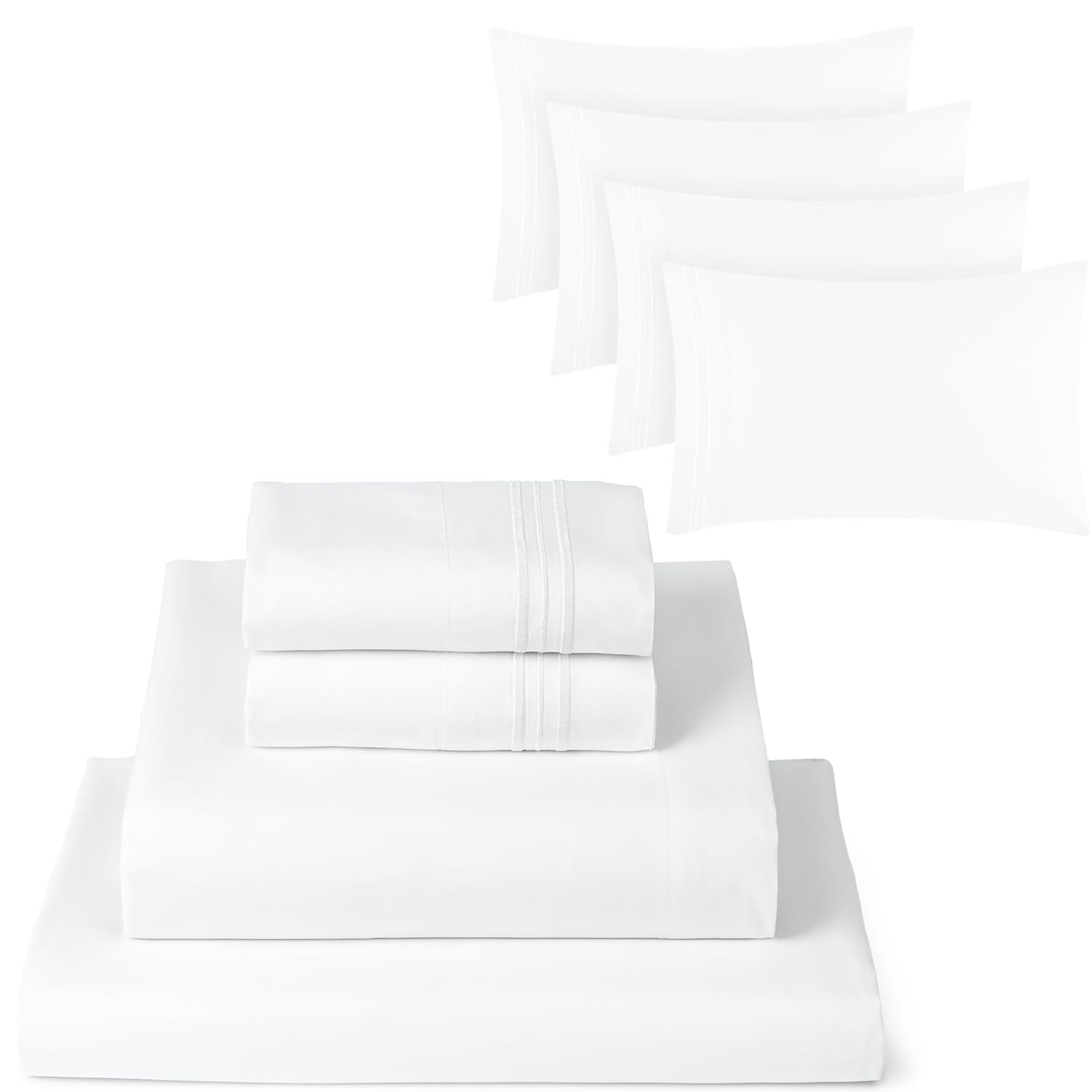 Mellanni 4PC Bed Sheet Set + 4 Pillowcases Bundle&Save - Iconic Collection Bedding - Bundle Includes: 1 Flat Sheets, 1 Fitted Sheet and 6 Pillow Cases (Queen, White)