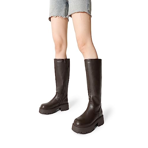 DREAM PAIRS Knee High Boots Women, Comfortable Platform Round-Toe Side Zip Chunky Boots for Women, Sdkb2301w, Black, Size 6