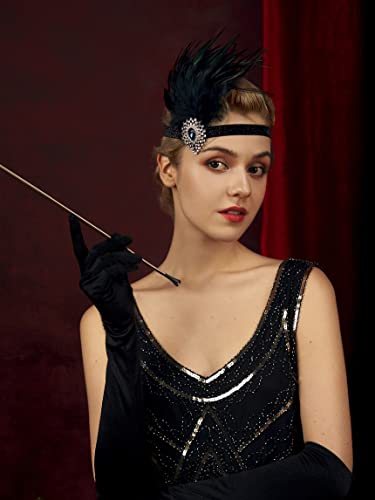 SWEETV Flapper Headband 1920s Headpiece Rhinestone Feather Hair Band Great Gatsby Headpiece for Women,Black
