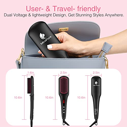 Enhanced Ceramic Hair Straightener Brush by MiroPure, 2-in-1 Ionic Straightening Brush with Anti-Scald Feature, Auto Temperature Lock & Auto-Off Function (Black)