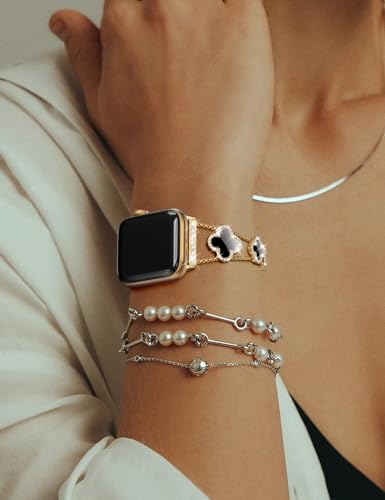 CTYBB Bling Womens Band Compatible with Apple Watch Band 40mm 41mm 38mm Series 9 8 7 6 5 4 3 2 1 SE, Sparkle Diamond Replacement Bracelet Wristband, Cute Lucky Clover Dressy iWatch Band,Gold/Black