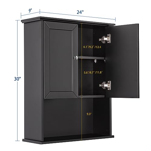 VANIRROR Black Wall Cabinet 24x30 Inch Wooden Over The Toilet Storage Cabinets with 2 Doors, Above Toilet Storage Medicine Cabinets for Bathroom Laundry Room Bedroom Kitchen