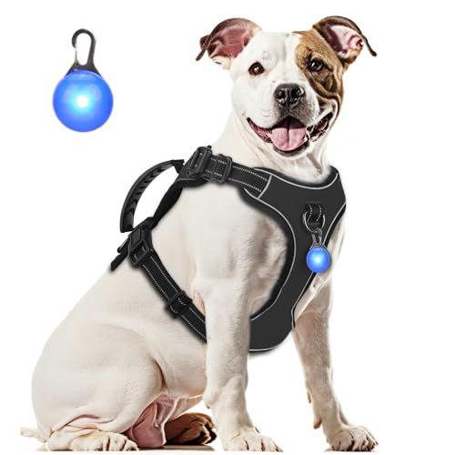 Perperqer Dog Harness Black No Pull Y Shaped for Medium Sized Dog, Small to Large Dogs Reflective Adjustable Easy Walk Puppy Harnesses,Heavy Duty Girl Boy Pet Vest 3 Buckle with Handle & Light,S