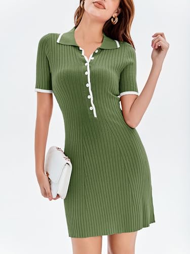 Saodimallsu Womens V Neck Short Sleeve Slim Fit Bodycon Sweater Dress Button Up Ribbed Knit Mini Summer Dresses Army Green