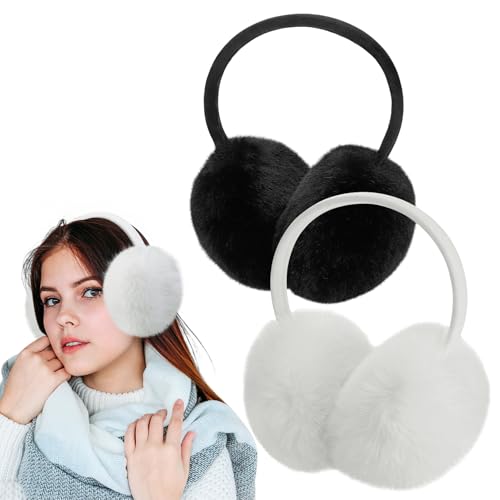 MADHOLLY 2 Pack Upgraded Adjustable Faux Fur Earmuffs- Soft Warm Ear Muffs for Winter Women Men- Ear Covers Ear Warmers for Most Adults (Black & White)