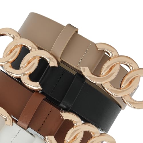 Earnda Women Belts for Jeans Dresses Fashion Gold Buckle Ladies Waist Belt Faux Leather Beige X-Small 24-26