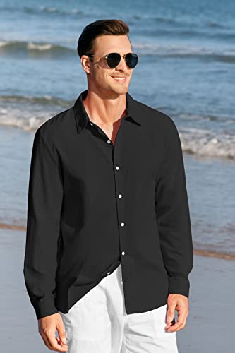 Runcati Mens Linen Casual Long Sleeve Shirt Cotton Tees Loose Fit Button Down Roll Up Summer Beach Yoga Tops (Large, Black-2)