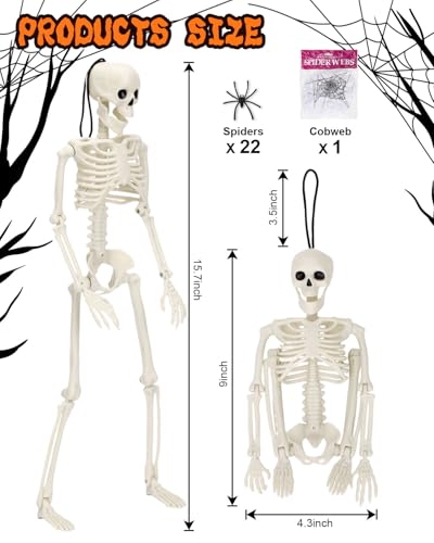 5 Pack Halloween Hanging Skeleton - 16in Full Body Posable Joints Skeleton with 22 Spiders& Cobweb Scary Outdoor Halloween Decorations Indoor Spooky Party Favors Photo Props Halloween Tree Decors