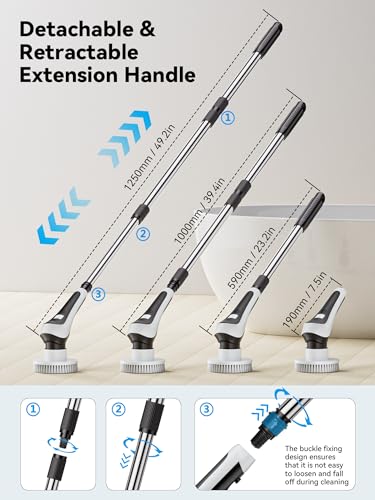 Electric Spin Scrubber,Cordless Cleaning Brush with Power Display Screen,IP68 Waterproof Shower Cleaning Brush with 8 Replaceable Brush Heads,Adjustable & Detachable Handle and 2 Adjustable Speeds