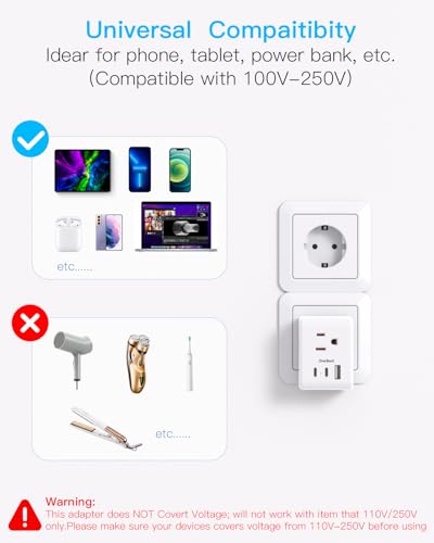2 Pack European Travel Plug Adapter, One Beat International Power Plug Adapter with 3 Outlets 1 USBA 2 USB C, Type C Plug Adapter Travel Essentials to Most Europe EU Spain Italy France Germany