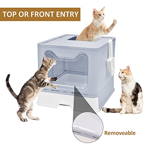 Cat Litter Box with Lid, Top Entry Cat Litter Box Pan, Enclosed Cat Potty, Anti-Splashing Cat Toilet, Foldable Litter Box Large Covered Cat Supplies with Scoop Brush and Garbage Bag