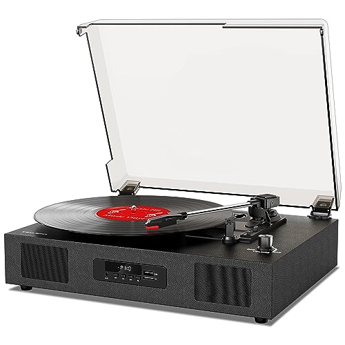 Vinyl Record Player Turntable with Built-in Stereo Speakers, Vintage 3-Speed Turntable for Vinyl Records USB SD Recording with Bluetooth Music Playback,RCA Out and Digital Display, Black