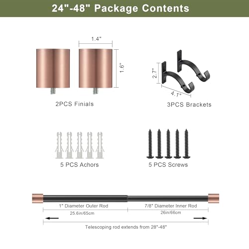 Drapery Window Curtain Rods 28 to 48 Inch, Modern Window Curtain Rod with Brushed Gold End Cap Finials,1" Window Treatment Curtain Rod for Wall and Ceiling Mount