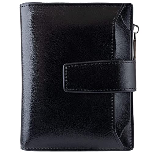 Bveyzi Women's Small Leather RFID Blocking Bifold Zipper Pocket Wallet Ladies Credit Card Slots Purse with id Window(Black)