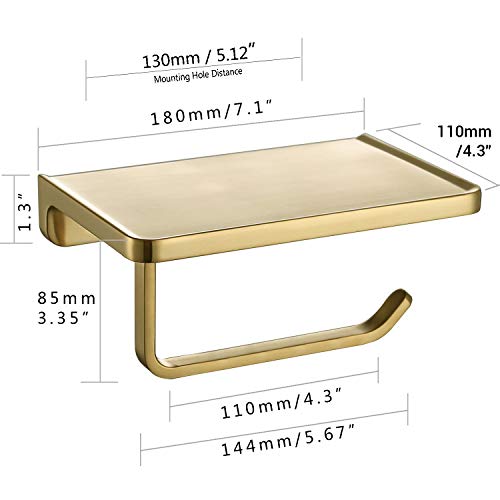 TRUSTMI Toilet Paper Holder with Phone Shelf, Bathroom Accessories Tissue Roll Dispenser Storage Wall Mounted, Brushed Gold