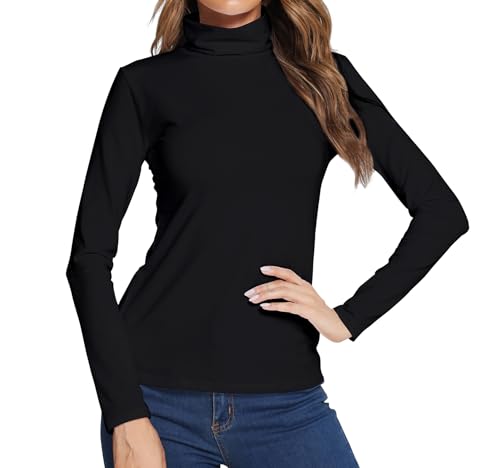 LOVFEE Women Basic Cotton Slim Fit Long Sleeve Soft Turtleneck T Shirt Tops(Black/S)