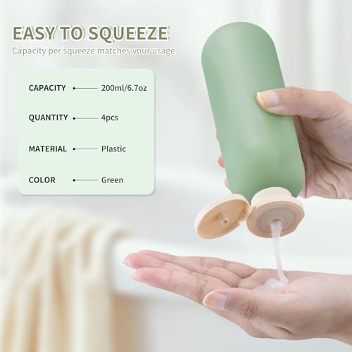 owlyee 6.7oz Travel Shampoo Bottle, Empty Plastic Squeeze Bottles with Flip Cap, 4PCS Lotion Container for Toiletries (200ml,Clear)
