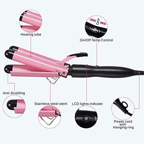 3 Barrel Curling Iron Hair Crimper, TOP4EVER 25mm(1 inch ) Professional Hair Curling Wand with Two Temperature Control,Fast Heating Portable Crimpers for Waving Hair (Pink)