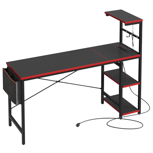 Bestier 61 Inch Gaming Desk with LED Lights, Reversible Shelves, Height Adjustable Shelf, Steel Frame, CARB P2 Class Board, Black Grained