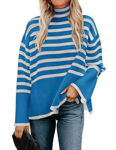 ZESICA Women's 2024 Winter Sweaters Casual Turtleneck Long Sleeve Striped Side Slit Loose Pullover Sweater Jumper Tops,Oats,Large