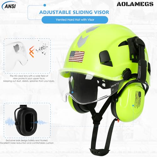 AOLAMEGS Construction Hard Hat with Visor and Earmuffs - Hard Hats Construction OSHA Approved, ANSI Z89.1 ABS Safety Helmet with and Ear Protection, Hardhats for Men Women Worker,6-pt Suspension