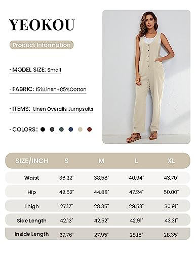 Yeokou Womens Overalls Linen Cotton Jumpsuits Loose Casual Jumpers with Pockets(Beige-S)