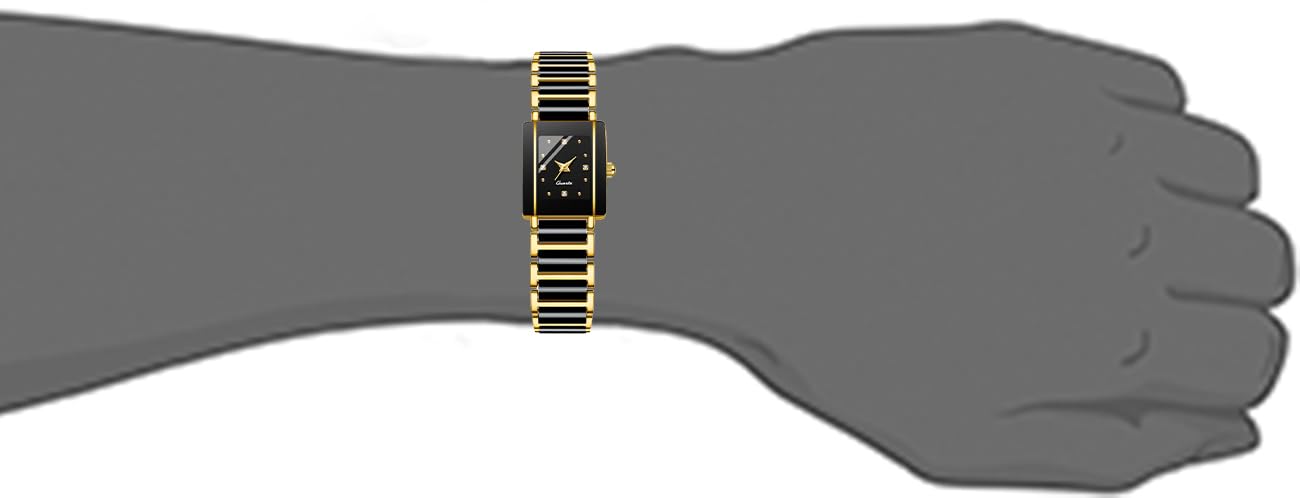 BESTKANG Vintage Square Ceramic Ladies Quartz Watch with Diamond Accents, Waterproof, Elegant Women's Wrist Watch (Black Gold)