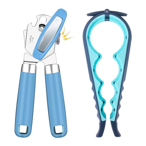 Can Opener Manual & Jar Opener set,Manual Can Opener with Magnet ,Heavy Duty can opener manual smooth edge.(2, Blue+Grey blue)