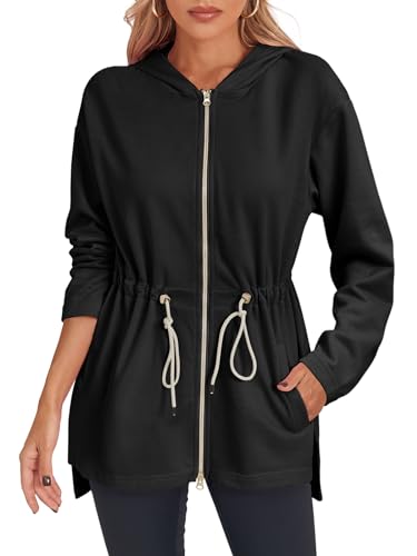 Fisoew Women's Zip Up Hoodie Sweatshirts Oversized Long Sleeve Casual Drawstring Waist Side Slit Tunic Tops (US, Alpha, Small, Regular, Regular, Black)