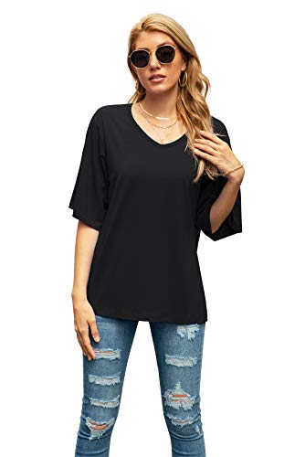SUEANI Women's Summer V-Neck 3/4 Bell Sleeve Loose Shirt Casual Basic Top(Medium, VG Cerise)