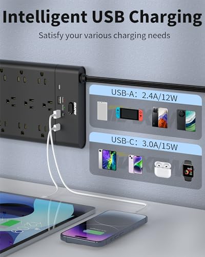 Power Strip Surge Protector Outlet Extender with 19 Outlets and 4 USB Ports (2 USB C), 6.5 Ft Extension Cord & Flat Plug, 2100 Joules, Wall Mount for Home, Office, Dorm, Black