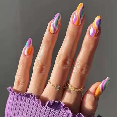 Colorful Nails Press on Nails Medium Almond Fake Nails with Gorgeous colorful stripes Designs Rainbow Elements Full Cover Acrylic False Nails for Women Manicure(24 PCS)