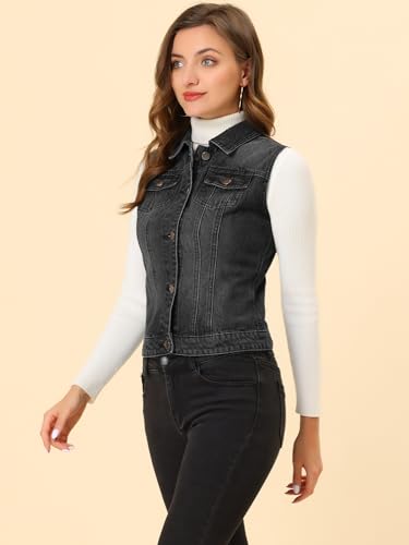 Allegra K Women's Washed Denim Buttoned Vest W Flap Pockets Small Yellow