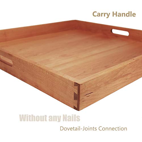 MAGIGO 24 x 24 Inches Large Square Cherry Wood Ottoman Tray with Handles, Serve Tea, Coffee or Breakfast in Bed, Classic Wooden Decorative Tray