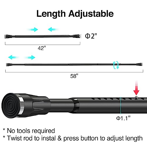 Tension Curtain Rod No Drill, Heavy Duty Adjustable Matte Black Bathroom Shower Curtain Rod with Round Shower Rod Holder for Windows Closet Rod 42-60 inch