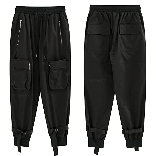 MEINVQIAOTI Black Cargo Pants Women Loose Chained Pants Multi-Pocket Multi-Zip Punk Goth Pants(Black,XS)