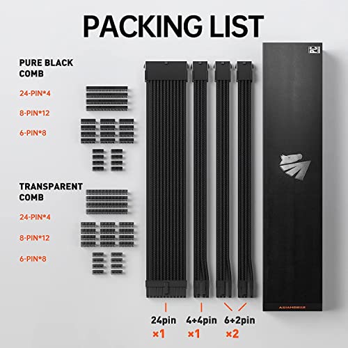 AsiaHorse 18AWG PSU Cable Extension Sleeved Custom Mod GPU PC Audio Video Power Supply Soft Braided Cables with Two Color Comb Kit 24P/8P to 6+2P/ 8P to 4+4P 30CM