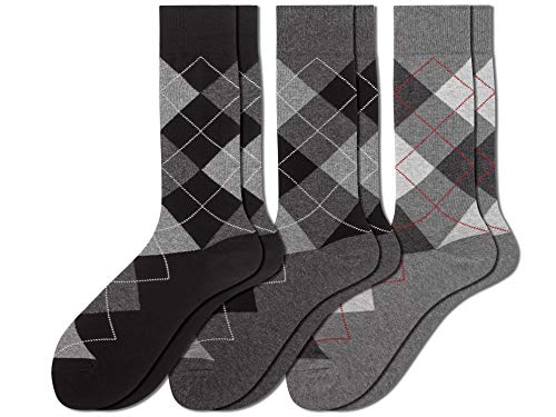u&i socks Men's Argyle Dress Socks, Combed Cotton, Shoes Size 6-12, Black Grey Mix, Pack of 3