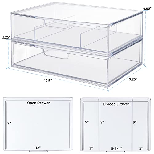 STORi Sofia 12.5” Wide Clear Stackable Open & Divided Storage Drawers, 2 Pack Plastic Organizer Bins for Makeup Palettes, Cosmetics, & Beauty Supplies, Vanity, Bathroom, Desk Organization, Made in USA