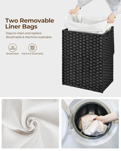 Greenstell Laundry Hamper with Lid, 60L Clothes Hamper with 2 Removable Liner Bags & 2 Mesh Bags, Handwoven Synthetic Rattan Basket, Toys in Bathroom, Bedroom Black