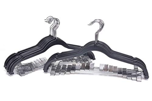 Quality Plastic 20-Pack - Non Velvet Non-Flocked Thin Compact Coat Hangers with Metal Clips for Skirts Pants Blouses - 360° Swivel Hook (Black, 20)