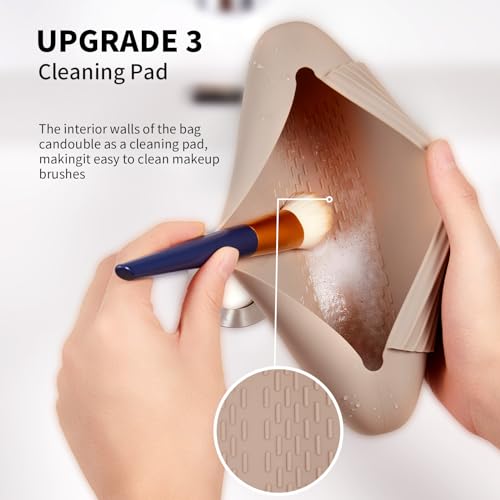 AGIKET Silicone Makeup Brush Holder Travel Cosmetic Bag:Soft Portable Cosmetic Face Brushes Holder with Upgrade Anti-Fall Out Magnetic Closure, Large Travel Makeup Brush Case - Walnut