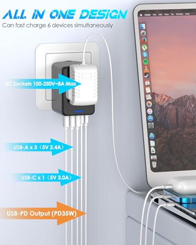 URJD Universal Travel Adapter 35W PD Fast Charging Offers 3X2.4A USB-A Ports, 2X USB-C Ports and Multi AC Outlet, International Plug Converter Worldwide Travel Charger All in One for EU US UK AUS
