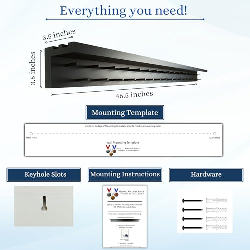 4ft- Medal Awards Rack Premier Medal Hanger Display Rack and Trophy Shelf for Gymnastics, Soccer, Basketball, Football, and More. The Largest Medal and Award Display- 48” - Black