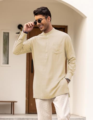 COOFANDY Mens Long Sleeve Linen Shirts Hippie Casual Beach T Shirts Kurta Indian Wear Wedding, Beige, Small