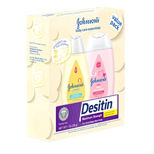 Johnson's Baby Care Essentials Gift Set, Baby Skincare Set with Body Wash & Shampoo, Body Lotion, & Zinc Oxide Diaper Rash Paste for Baby's Delicate Skin, Value Pack, Travel-Size, 3 Items