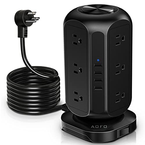 Power Strip Tower AOFO Surge Protector 12 AC Outlets with 4 USB(1 USB C) Ports Charging Station with Overload Protection, Widely Spaced Multiple Outlets with 10Ft Extension Cord for Home,Dorm & Office