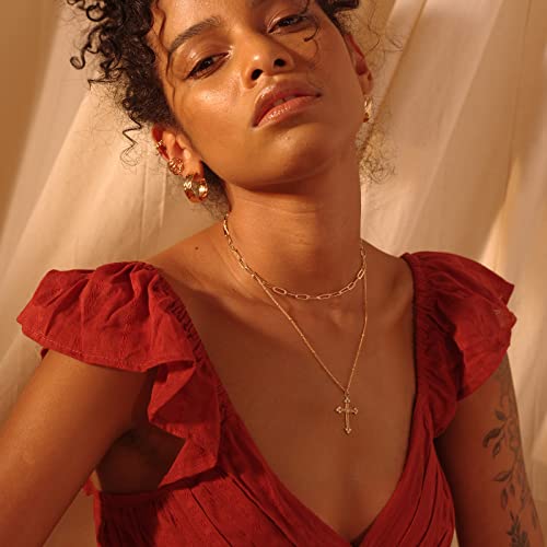 Fettero 14K Gold Plated Cross Necklace, Cross Faith Blank Pendant Dainty Chain Simple Tiny Jewelry Gift for Women